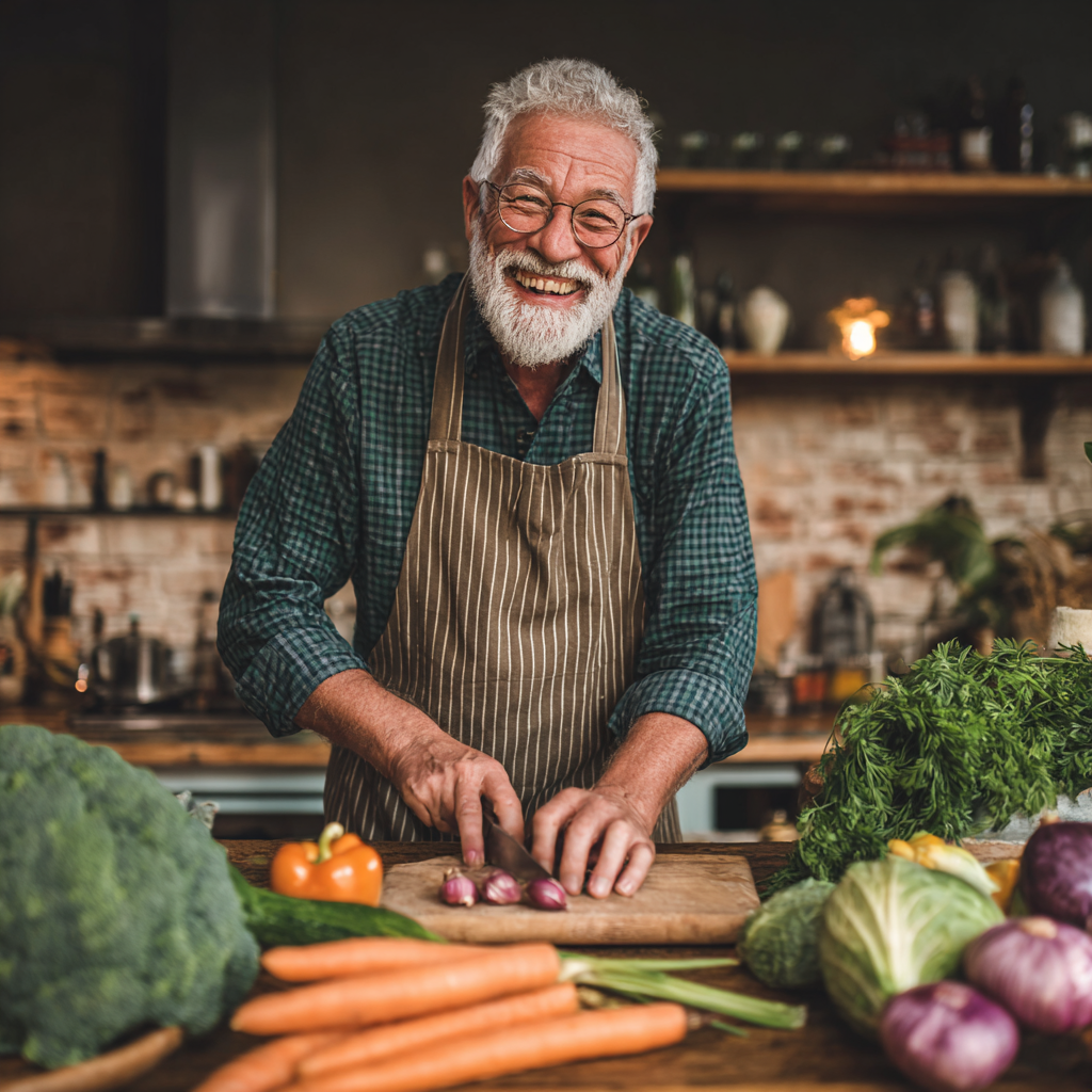 Чоловік 58 років готує здорову їжу на кухні з посмішкою