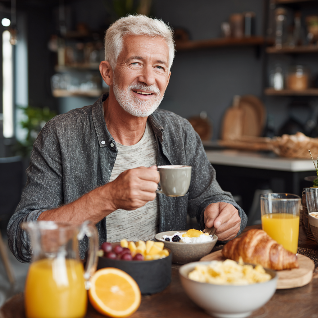 Чоловік 60 років насолоджується здоровим сніданком вдома