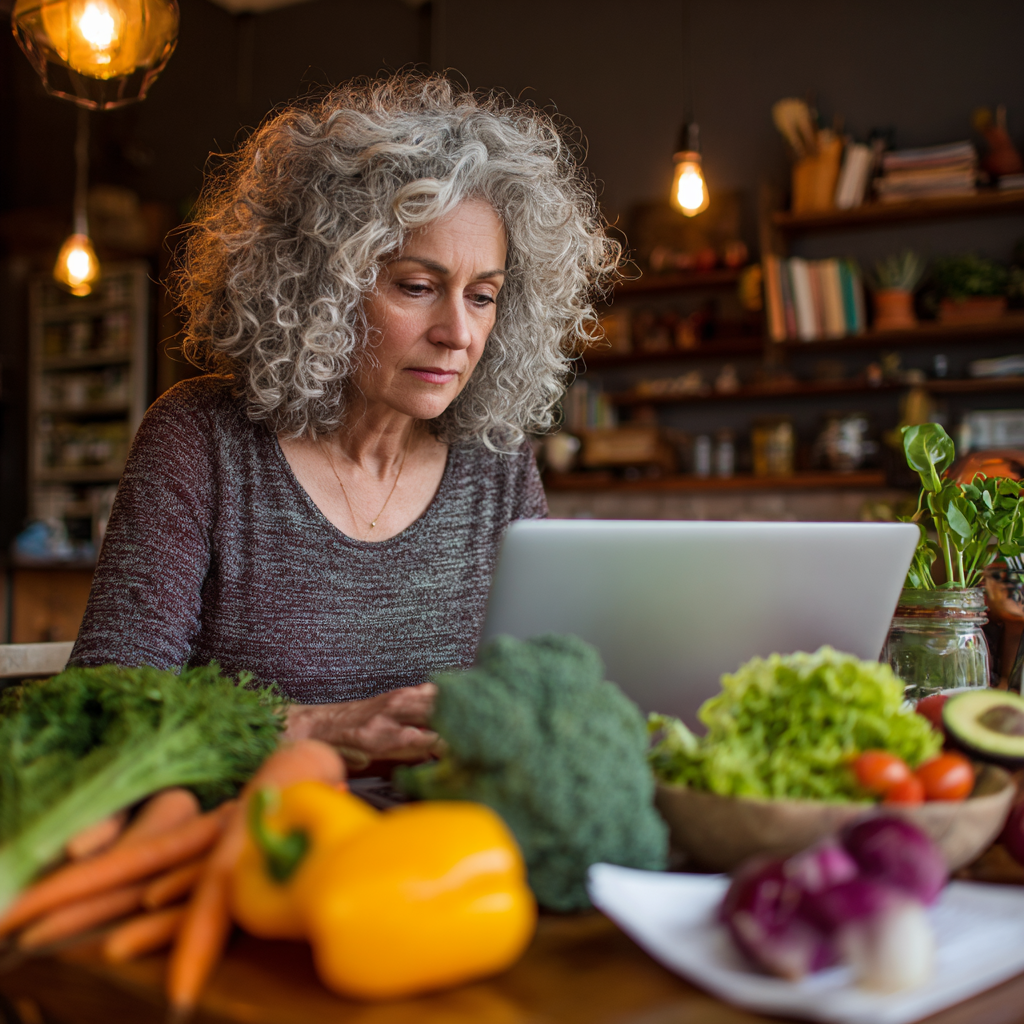 Жінка 52 років планує меню за столом з ноутбуком та здоровою їжею